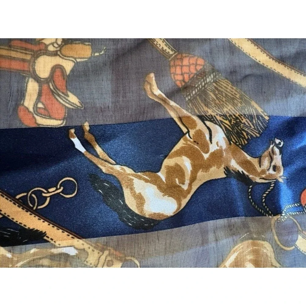 Equestrian Horse Print Rectangle Satin Long Scarf Semi Sheer Navy Gold Vtg